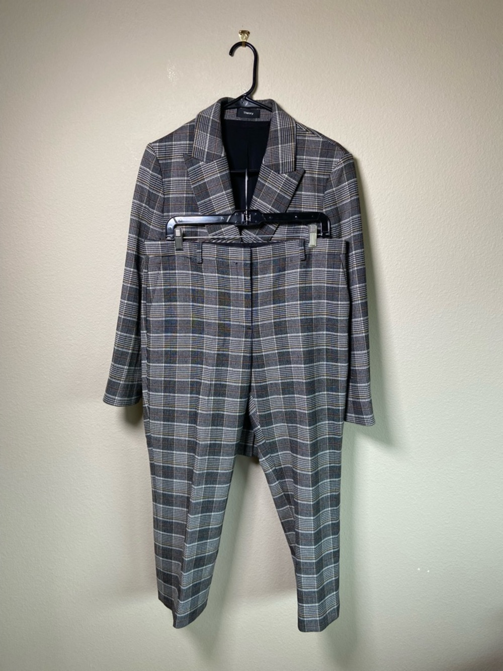 Theory Gray Power City Plaid Suit Jacket and Trousers Set